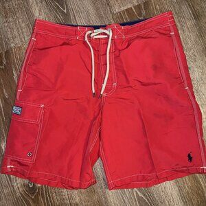 Polo Ralph Lauren Red Board Shorts Swim Trunks Navy Pony Men’s size Small Lined